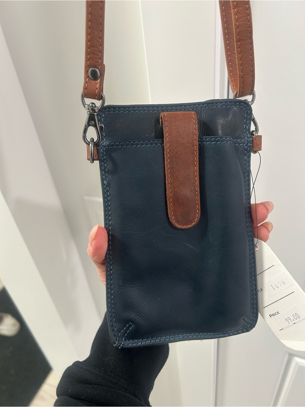 Leather Crossbody Phone Pouch in Navy with Brown Trim
